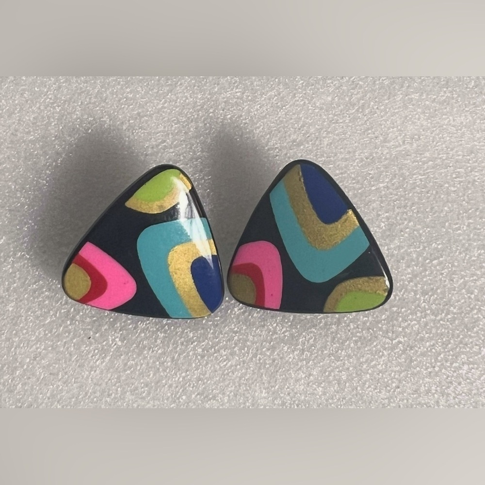 Vintage 80’s Techno Multicolor Triangle Clip On Earrings - Picture 4 of 6